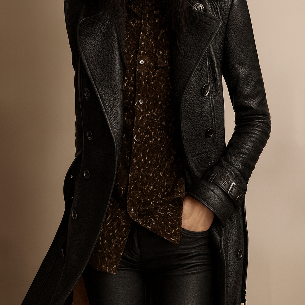 Vue arrière du manteau noir femme en cuir durable Essence de Marseille