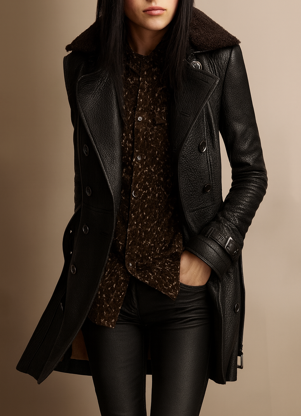 Vue arrière du manteau noir femme en cuir durable Essence de Marseille