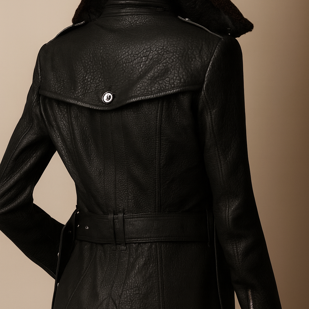 Manteau noir en cuir suspendu près d’une fenêtre à Marseille Essence de Marseille