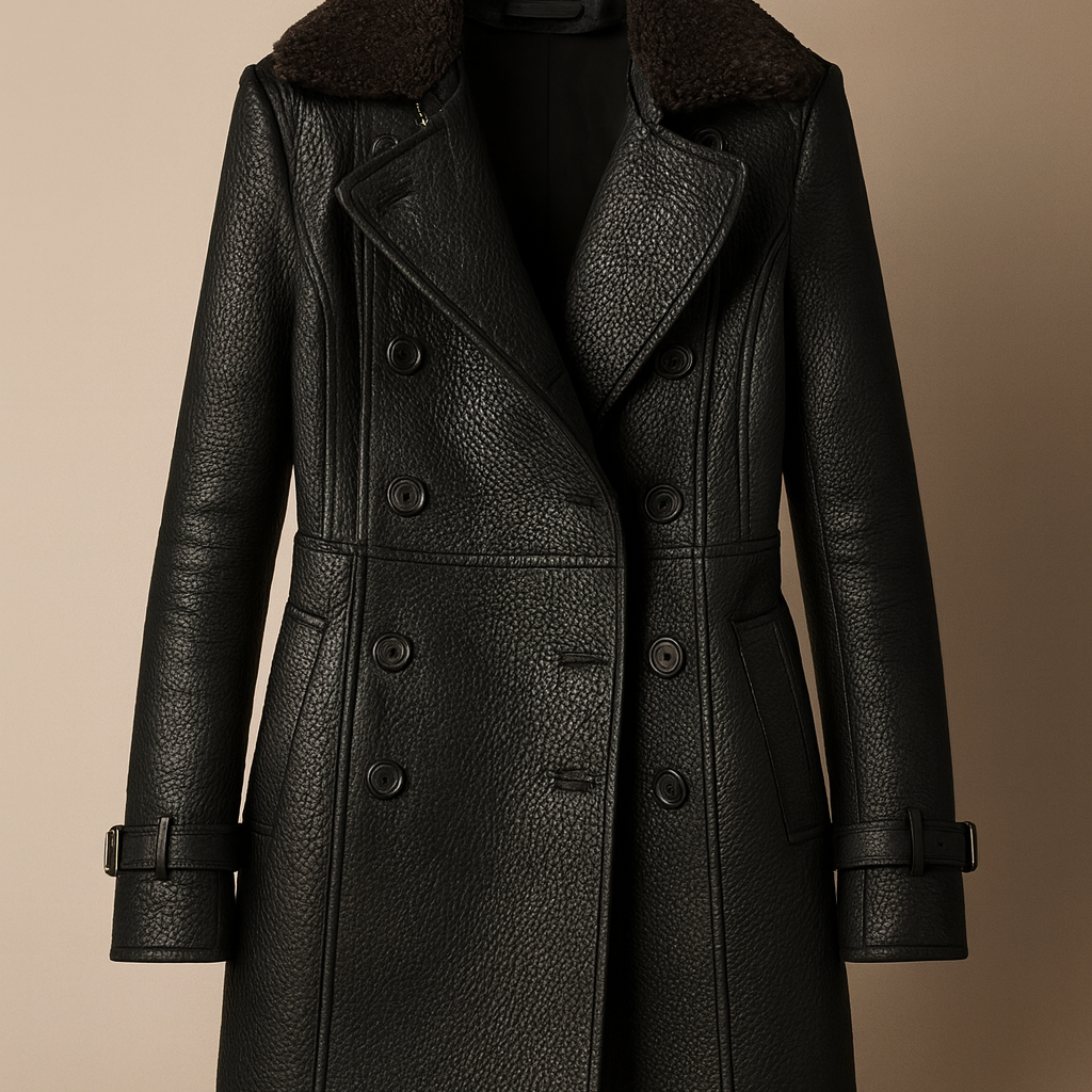 Femme portant un manteau noir élégant en cuir végétal Essence de Marseille