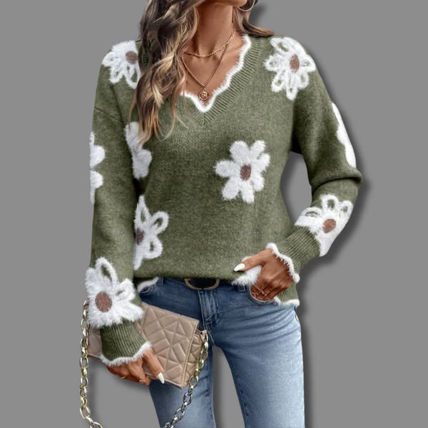 AMELIA | ELEGANT V-NECK FLORAL SWEATER