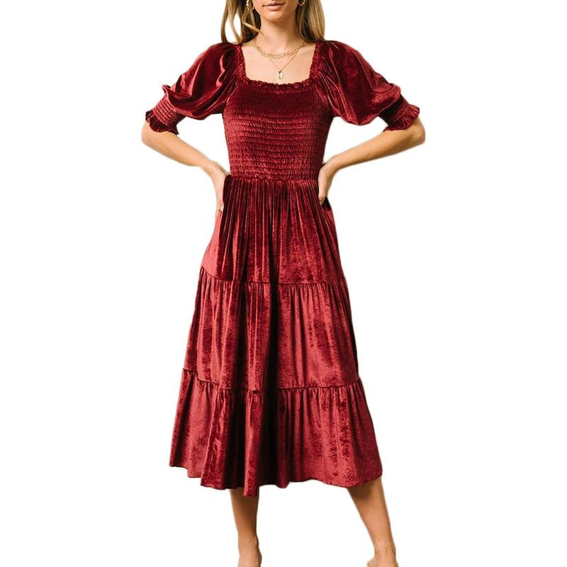 AUDREY™ - Square Neck Puff Sleeve A-Line Midi Dress for All Occasions